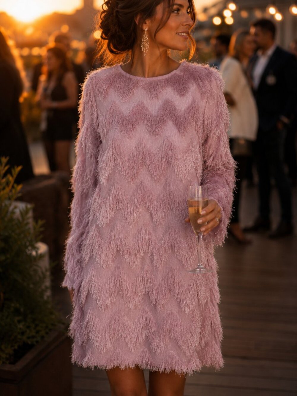 Kori Dusty Pink Fringe Eyelash Textured Mini Dress Small